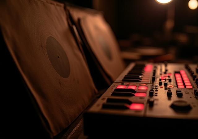 Vintage vinyl records stacked next to a modern MPC beat machine