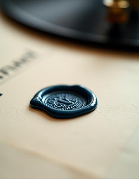 Close-up of a legal wax seal on a music contract