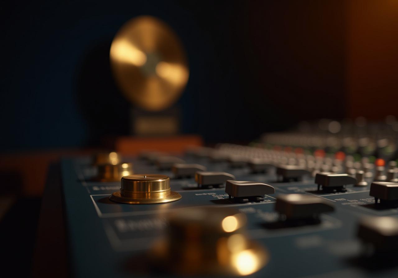 Close up of a professional mixing console and gold records, representing music wealth and precision