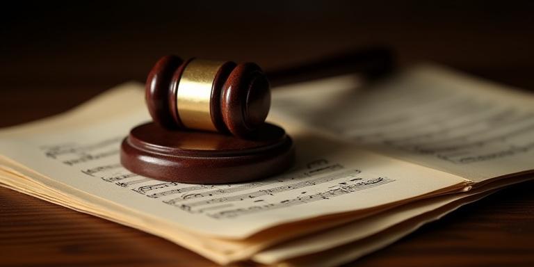 A gavel resting on a sheet of musical notations, symbolizing legal action in music copyright